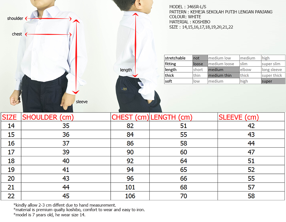 Cy 346sr White Kemeja Koshibo Sekolah Rendah Primary School Lengan Panjang